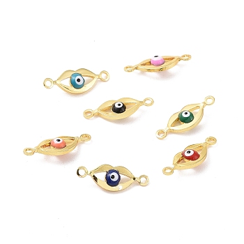 Brass Enamel Connector Charms, Real 18K Gold Plated, Lip with Evil Eye Pattern, Mixed Color, 5.5x16x3mm, Hole: 1.2mm