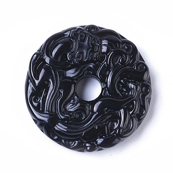 Natural Black Obsidian Pendants, Carving Kylin, Flat Round, 46.5x10.5mm, Hole: 1.5mm