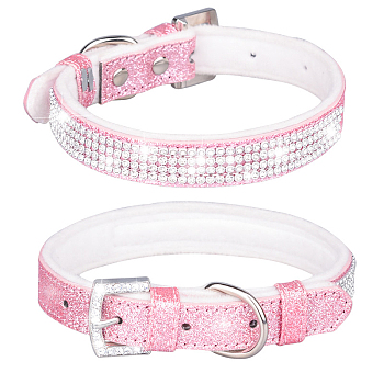 Adjustable Glittered Felt Pet Collars, Resin Rhinestone Cat Dog Choker Necklace, Pearl Pink, 420x20mm
