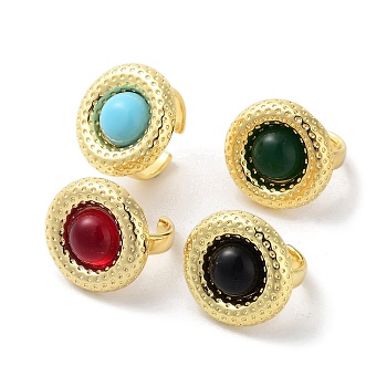 Resin Flat Round Open Cuff Ring, Real 18K Gold Plated Brass Jewelry for Women, Mixed Color, 9mm, Inner Diameter: 22.5mm