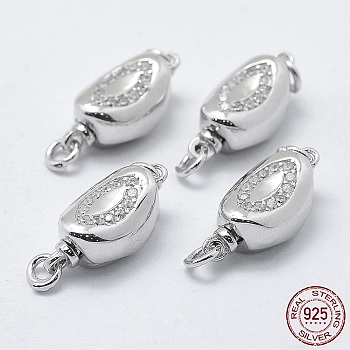 Rhodium Plated 925 Sterling Silver Cubic Zirconia Box Clasps, with 925 Stamp, Oval, Platinum, 15.5x7.5x6mm, Hole: 2mm