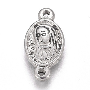 304 Stainless Steel Links, Oval with Virgin Mary, Stainless Steel Color, 16x8x2.5mm, Hole: 1.4mm