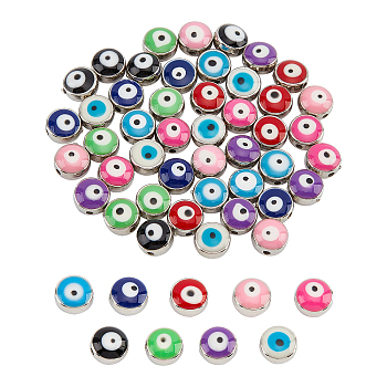54Pcs 9 Colors Opaque Resin Beads, with Enamel, Flat Round with Evil Eye, Mixed Color, 8x5mm, Hole: 1.5mm, 6pcs/color
