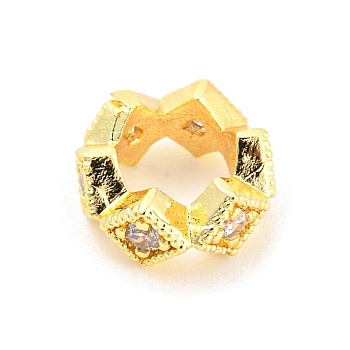 Rack Plating Brass Micro Pave Cubic Zirconia European Beads, Large Hole Beads, Long-Lasting Plated, Lead Free & Cadmium Free, Round Ring with Rhombus, Real 18K Gold Plated, 8x3.8mm, Hole: 4.6mm
