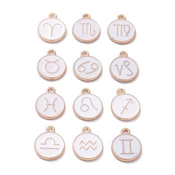 (Defective Closeout Sale: Yellowing), Alloy Enamel Pendants, Flat Round with Constellation, White, 15x12x2mm, Hole: 1.6mm