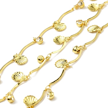 Handmade Eco-friendly Brass Curved Bar Link Chain, with Shell Shape and Glass Charms, Long-Lasting Plated, Soldered, with Spool, Golden, 15.5x1.5x1mm