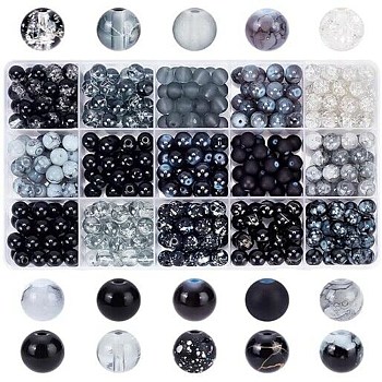 375Pcs 15 Styles Spray & Baking Painted & Drawbench Glass Round Beads, Mixed Color, 8~9mm, Hole: 1~1.6mm, about 25Pcs/style