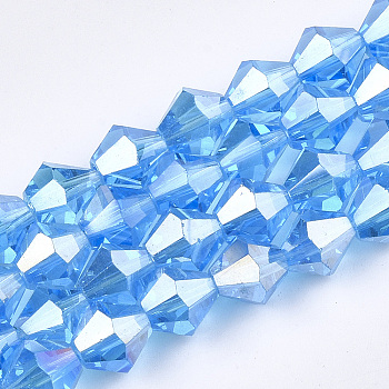 Electroplate Glass Beads Strands, AB Color Plated, Faceted, Bicone, Deep Sky Blue, 6x5.5~6mm, Hole: 1mm, about 47~48pcs/strand, 10.83 inch(27.5cm)