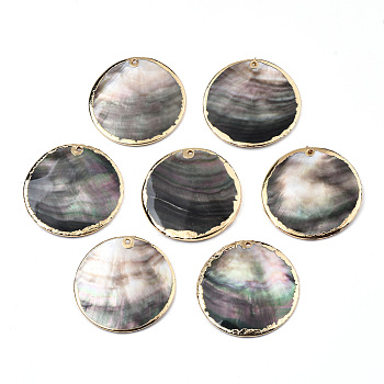 Natural Black Lip Shell Pendants, with Light Gold Plated Brass Edge, Flat Round, 40x3~5.5mm, Hole: 1.4~1.6mm