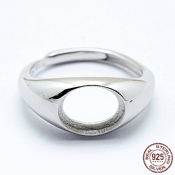 Rhodium Plated 925 Sterling Silver Finger Ring Components, Adjustable, Oval, Platinum, Size 8 (18mm), 2mm wide, Tray: 10x8mm