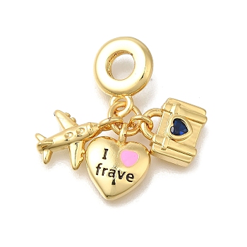 Brass Cubic Zirconia Travel European Dangle Charms, Plane & Heart & Luggage Enamel Large Hole Pendants, Real 16K Gold Plated, Pink, 26mm, Hole: 4.8mm