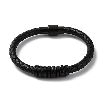 Leather Braided Round Cord Bracelet, with 304 Stainless Steel Magnetic Clasps & Beads for Men Women, Electrophoresis Black, 8-1/2 inch(21.5cm)