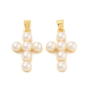 Shell Pearl Pendants, with Brass Findings, Cross, Real 18K Gold Plated, 23x15x6mm, Hole: 3.5x5mm
