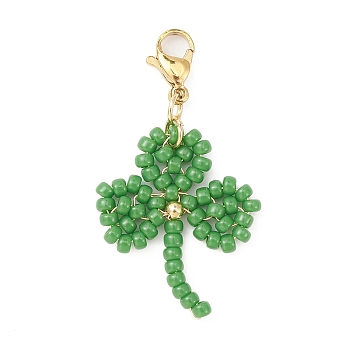 Clover Glass Beaded Pendant Decorations, with 304 Stainless Steel Lobster Claw Clasps, Medium Sea Green, 43mm