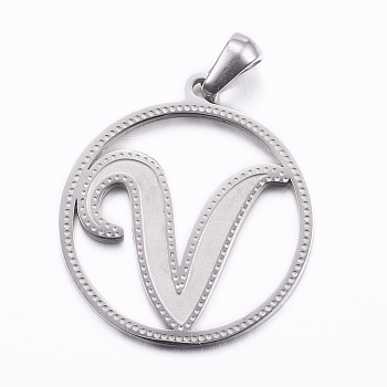 304 Stainless Steel Pendants, Flat Round with Letter, Stainless Steel Color, Letter.V, 28x25x1.2mm, Hole: 6x3.5mm