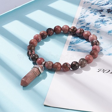 Natural Rhodonite Round Beaded Stretch Bracelet with Bullet Shape Charm(BJEW-JB08310-01)-2