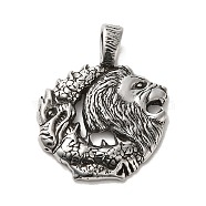 304 Stainless Steel Pendants, Lion Charm, Antique Silver, 47x37x5mm, Hole: 10x5.5mm(STAS-D091-10AS)