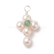 Natural Green Aventurine Copper Wire Wrapped Pendants, Religion Cross Charms, with Cultured Freshwater Pearl Beads, Silver Color, 31~33x16~17x8~9mm, Hole: 3~3.5mm(PALLOY-JF01962-01)