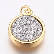 Brass Charms, with Druzy Resin Cabochon, Flat Round, Golden, Silver, 14x11.5x3mm, Hole: 2mm(KK-P145-G03-G)