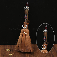 Wood Witch Broom with Synthetic Garnet Pendant Decorations, for Interior Car Mirror Hanging Decorations, 240~290mm(AUTO-PW0001-15F)