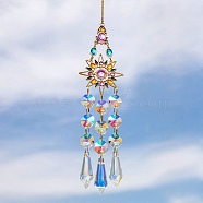 Glass Cone Octagon Window Hanging Suncatchers, with Colorful Glass Rhinestones and Alloy Finding Decorations Ornaments, Sun, 395mm(HJEW-B006-02A)
