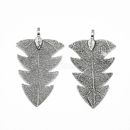 Iron Big Pendants, Electroplate Natural Leaf, Leaf, Antique Silver Plated, 63~64x35~36x1mm, Hole: 3x5.5mm(IFIN-T006-01AS)