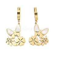 Butterfly 304 Stainless Steel Shell Dangle Earrings, Flower Rhinestone Hoop Earrings for Women, Real 18K Gold Plated, 41x20mm(EJEW-L283-067G)