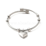304 Stainless Steel Heart Charms Cuff Bangle, Round Beaded Twist Rope Bangle for Women, Stainless Steel Color, Inner Diameter: 2 inch(5.1cm)(BJEW-P283-07P)
