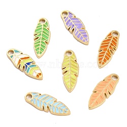 Golden Plated Brass Enamel Pendants, Long-Lasting Plated, Feather, Mixed Color, 23.5x8.8x1.8mm, Hole: 2.7mm(KK-P197-15G)