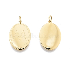 Ion Plating(IP) 304 Stainless Steel Pendants, with Jump Ring, Oval with Initial Letter M, Nickel Free, Real 14K Gold Plated, 22x15x1mm, Jump Ring: 5x1mm, Inner Diameter: 3mm(STAS-T060-29G)