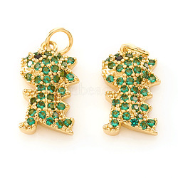 Brass Micro Pave Cubic Zirconia Charms, with Jump Rings, Dinosaur, Green, Real 18K Gold Plated, 13.5x8x3mm, Jump Ring: 4x0.5mm, Hole: 2.5mm(KK-I672-17G)