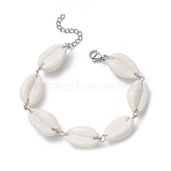 Acrylic Shell Bead Link Anklets for Women, with 304 Stainless Steel Lobster Claw Clasp, White, 7-5/8 inch(19.5cm)(BJEW-JB09370)