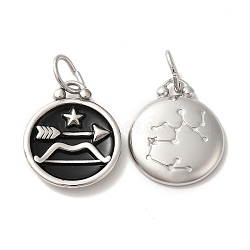 304 Stainless Steel Enamel Pendants, with Jump Ring, Flat Round with Constellation, Stainless Steel Color, Sagittarius, 20.5x17x2.5~3.5mm, Hole: 4x6mm(STAS-A080-43P-11)