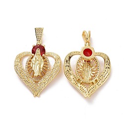 Brass Micro Pave Cubic Zirconia Pendants, Heart with Religion Virgin Mary Charms, Golden, Red, 43x34x8mm, Hole: 4x8mm(ZIRC-F134-25G-02)