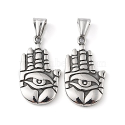 304 Stainless Steel Pendants, with 201 Stainless Steel Snap on Bails, Palm with Eye Charm, Antique Silver, 35x20x3.5mm, Hole: 9x4.2mm(STAS-K225-06AS)
