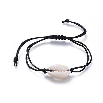 Adjustable Nylon Thread Braided Bead Bracelets, with Natural Cowrie Shell Beads, Black, 32.1cm