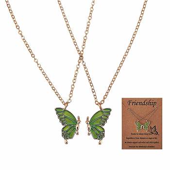 2Pcs Matching Butterfly Pendant Necklaces Set, 316 Surgical Stainless Steel Couple Necklace for Mother Daughter Friends, Light Gold, Green, 17.72 inch(45cm)