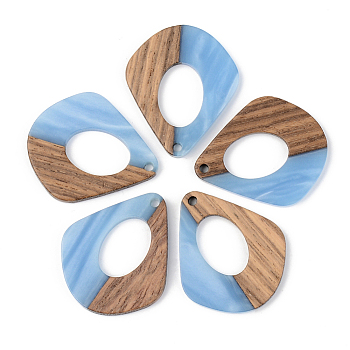 Opaque Resin & Walnut Wood Pendants, Teardrop, Cornflower Blue, 32.5x27.5x3mm, Hole: 2mm
