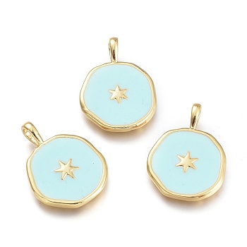 Brass Enamel Pendants, Flat Round with Star Pattern, Golden, Aquamarine, 18.5x13x2mm, Hole: 3.5x2mm