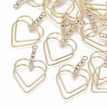Brass Pendants, with Crystal Rhinestone, Nickel Free, Hollow, Heart, Real 18K Gold Plated, 29x18x2.5mm, Hole: 1.8mm