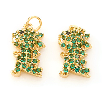 Brass Micro Pave Cubic Zirconia Charms, with Jump Rings, Dinosaur, Green, Real 18K Gold Plated, 13.5x8x3mm, Jump Ring: 4x0.5mm, Hole: 2.5mm