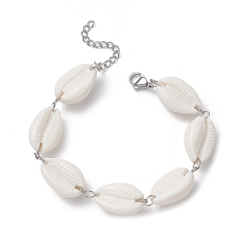 Acrylic Shell Bead Link Anklets for Women, with 304 Stainless Steel Lobster Claw Clasp, White, 7-5/8 inch(19.5cm)