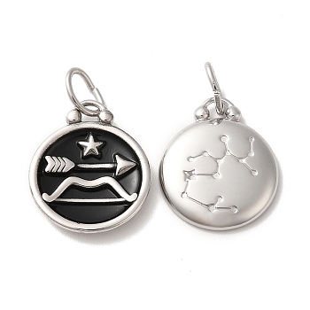 304 Stainless Steel Enamel Pendants, with Jump Ring, Flat Round with Constellation, Stainless Steel Color, Sagittarius, 20.5x17x2.5~3.5mm, Hole: 4x6mm