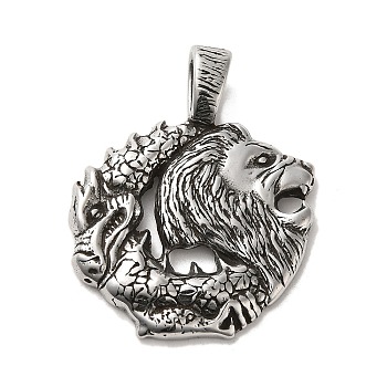 304 Stainless Steel Pendants, Lion Charm, Antique Silver, 47x37x5mm, Hole: 10x5.5mm