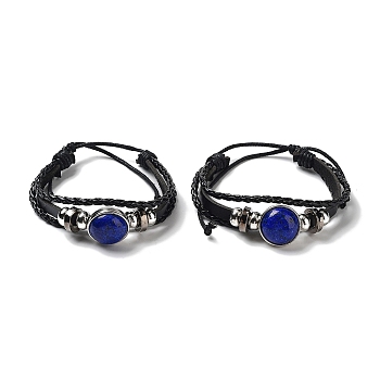 Natural Natural Lapis Lazuli Multi-strand Bracelets, Adjustable PU Leather Braided Cord Bracelets for Unisex, Inner Diameter: 2-3/8~2-7/8 inch(5.9~7.3cm)