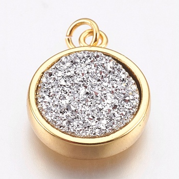 Brass Charms, with Druzy Resin Cabochon, Flat Round, Golden, Silver, 14x11.5x3mm, Hole: 2mm