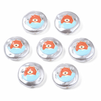 3D Printed ABS Plastic Imitation Pearl Beads, Flat Round with Bear, Coral, 16x5mm, Hole: 0.9mm