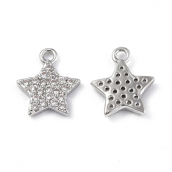 Brass Micro Pave Clear Cubic Zirconia Charms, Star Charm, Platinum, 8x9x1.5mm, Hole: 1.2mm