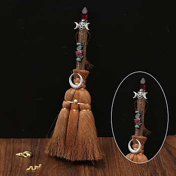 Wood Witch Broom with Synthetic Garnet Pendant Decorations, for Interior Car Mirror Hanging Decorations, 240~290mm