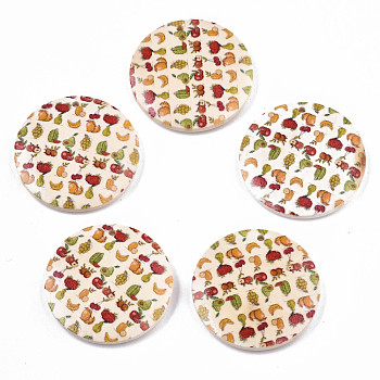 Fruit Seris Printed Wood Pendants, Flat Round with Fruit Pattern, Seashell Color, 50x5mm, Hole: 1.6mm